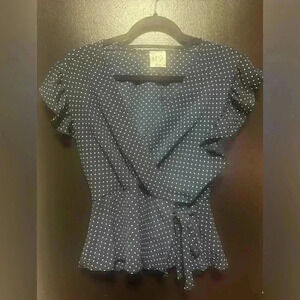 Tiffany and Grey Petites Size Medium Blouse Polka Dots Side Tie Detail Date Day